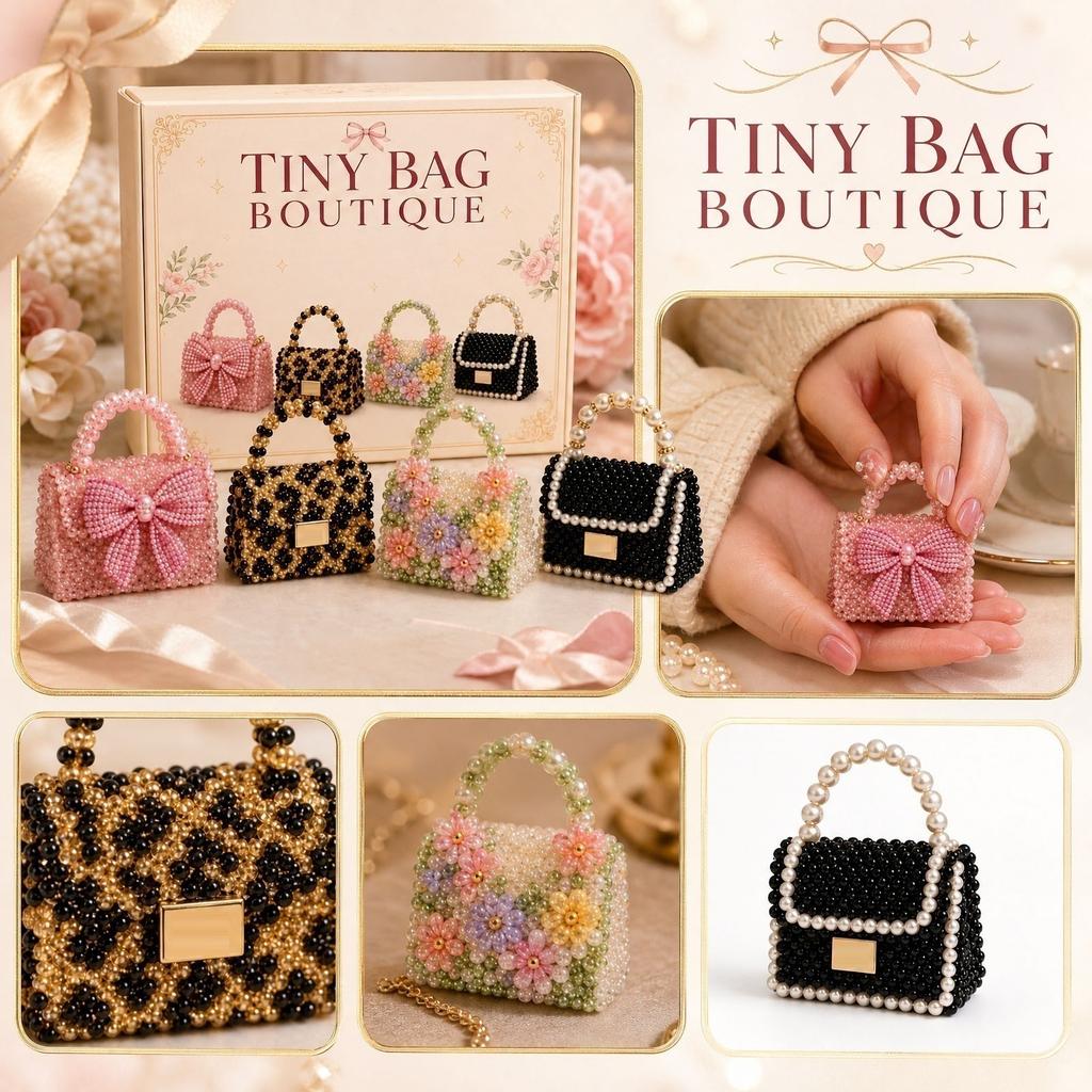 Tiny Bag Boutique 3D Beaded DIY Kit Four Piece Set Includes Beaded Handbag Models with Detailed Beading and Crafting Materials for Creative Assembly
