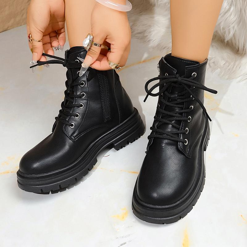 Fashion Fashion Lace Up Black Ankle Boots for Women Autumn Winter Zip Platform Combat Boots Woman Classic Pu Leather Short Booties Mujer