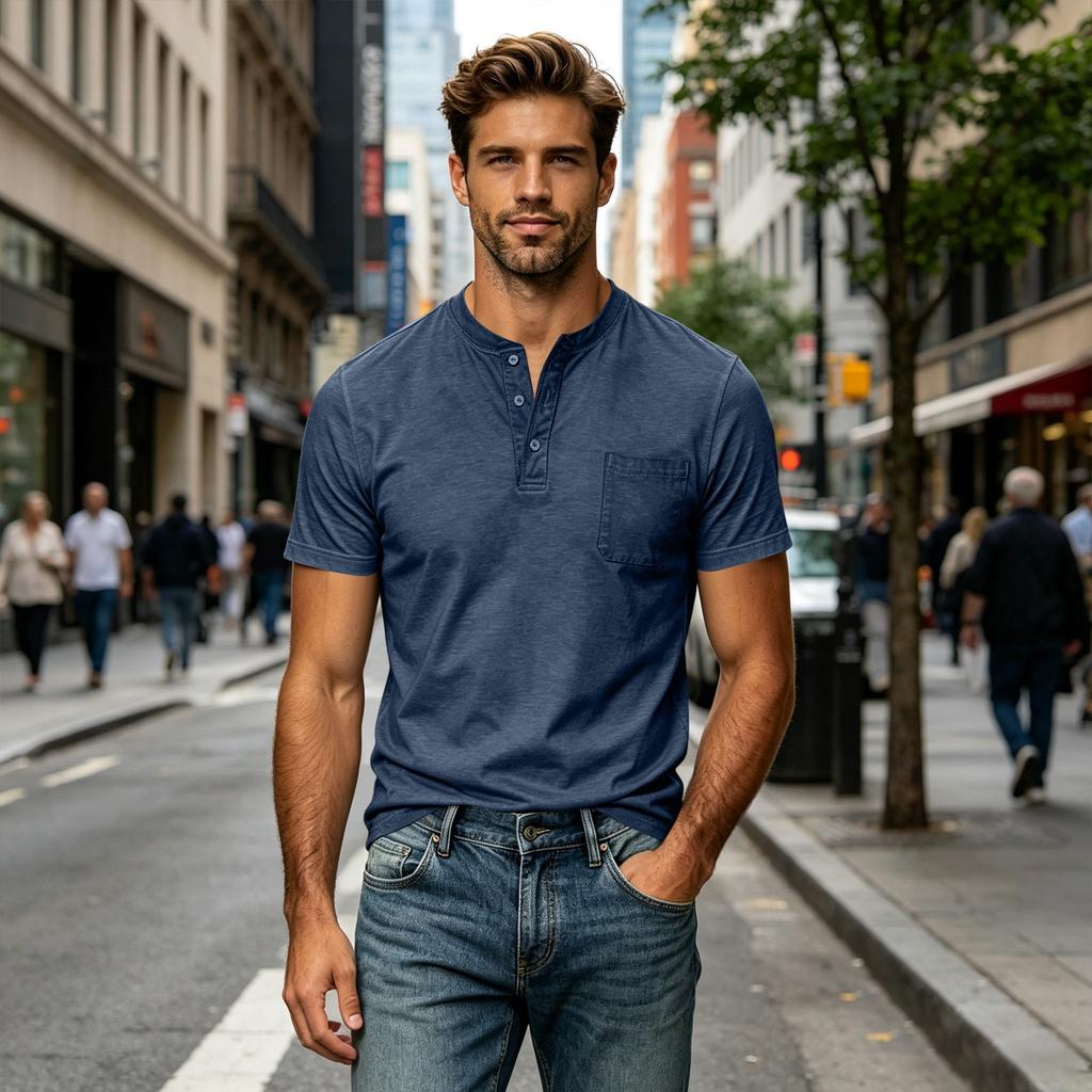 Men's Cotton Short Sleeve Henley Shirt Large Size Casual Pocket T-Shirt Lightweight Breathable Summer Top