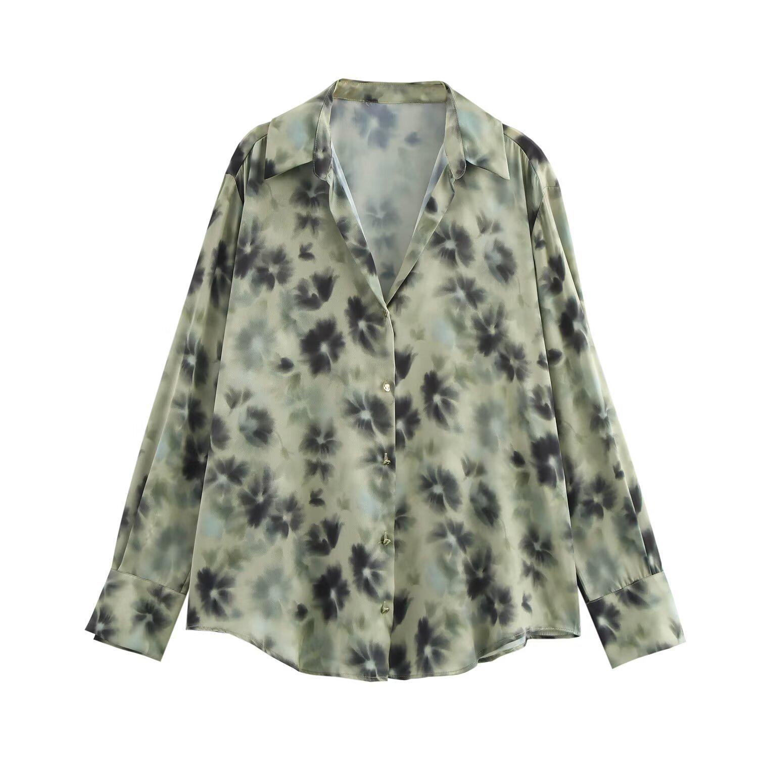 

2025 Spring Women s Floral Print Satin Shirt – Loose Fit with Lapel L