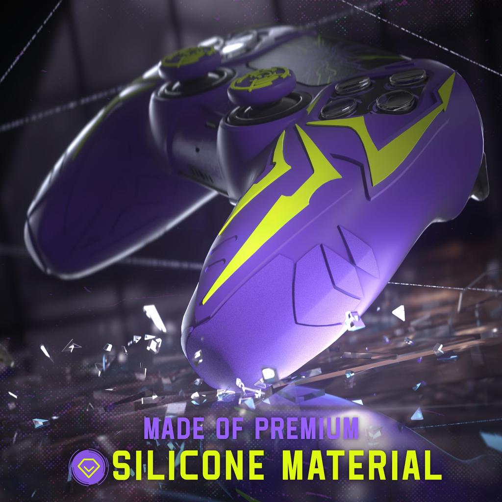 PlayVital Silicone Protective Cover for PS5 Cyber Spider Includes 2 Thumb Grip Caps and 6 Compatible with Charging Dock Purple Green Controller,