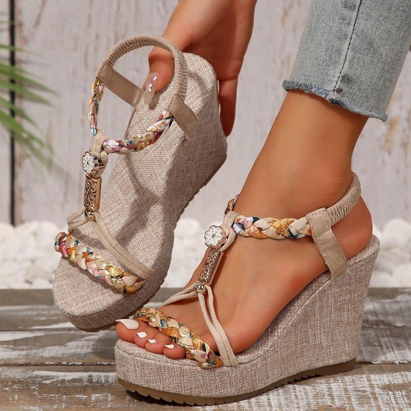 Thick-soled Wedge Sandals Women's New Woven Hemp Rope Elastic Band Bohemian High Heels