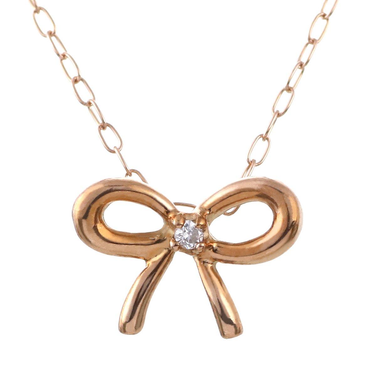 

SUEHIRO Ribbon K10 Pink Gold Diamond Pendant Gift Necklace,