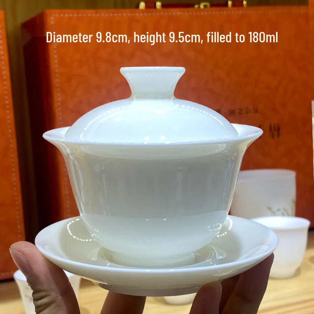 Нефрит из бараньего жира 180 мл Чисто-белый набор Гайвань для заваривания чая - Гладкая, качественная трехкомпонентная бытовая чайная чашка