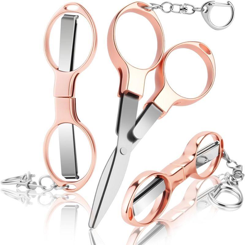 

C-Convenient-Pocket-Size Travel Small Scissors- 3 Pieces Folding Badge-Scissors With 3 Keychains, Safe Foldable For Travel, Offi рожевий колір золота
