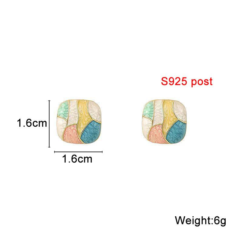 Colorful Glaze Water Drop Women's Stud Earrings Blue Pink Enamel Multi-colored Grids Small Square Earrings for Girls Boho Jewery