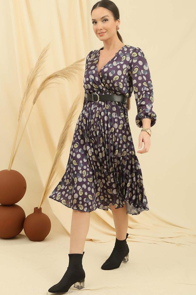 Double Breasted Neck Waist Belted Lined Paisley Patterned Pleated Satin Dress