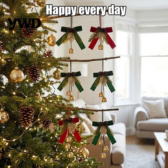 Vintage Style Holiday Gift Sets Christmas Bow Bell Hanging Ornament, Velvet Festive Wreath Decor for Ornaments Tree Home Party, Door Window