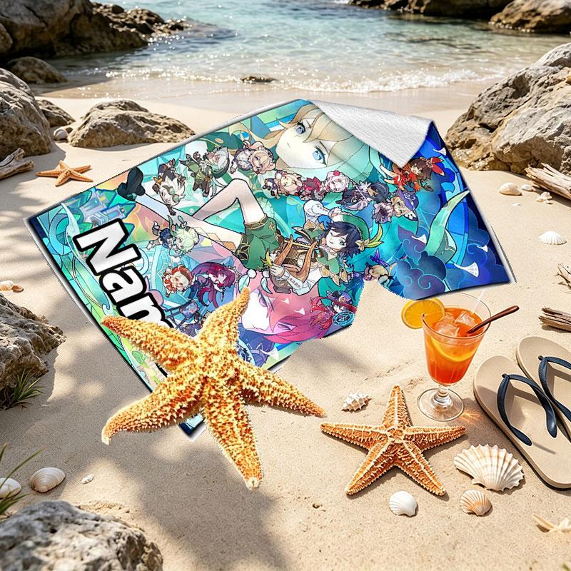 Custom Name Personalized Genshin Impact Print Beach Towel, for Trip Camping Beach Party Home Decor, Birthday Gift for Family & Friends