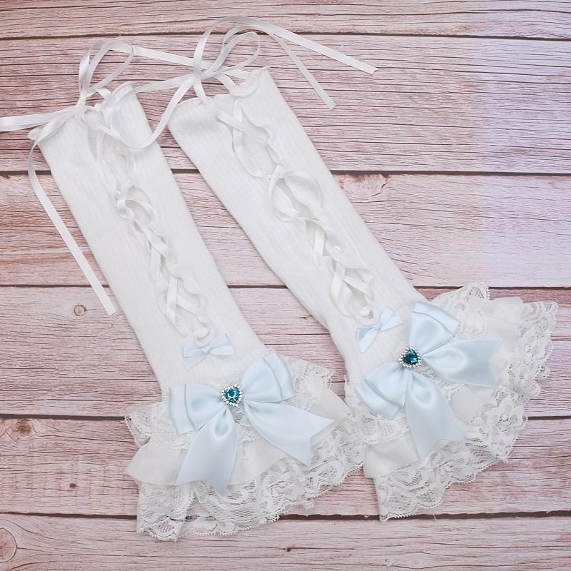 Sweet Lolita Lace Bow Rhinestone Hand Sleeves False Sleeves Lolita Hand Sleeves for Women's Jewelries