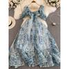 Summer 2024 Blue and White Porcelain Printed Puff Sleeves Vacation Beach Dress Square-Neck Cinched Classy Super Fairy Pettiskirt