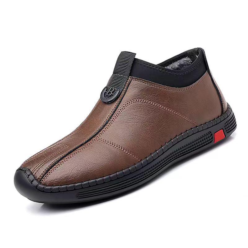 Fashion Men's Casual Leather Shoes Lightweight Non-Slip Soft Bottom Slip-On Fleece Lined Warm Driving Slip-On Shoes Breathable Summer