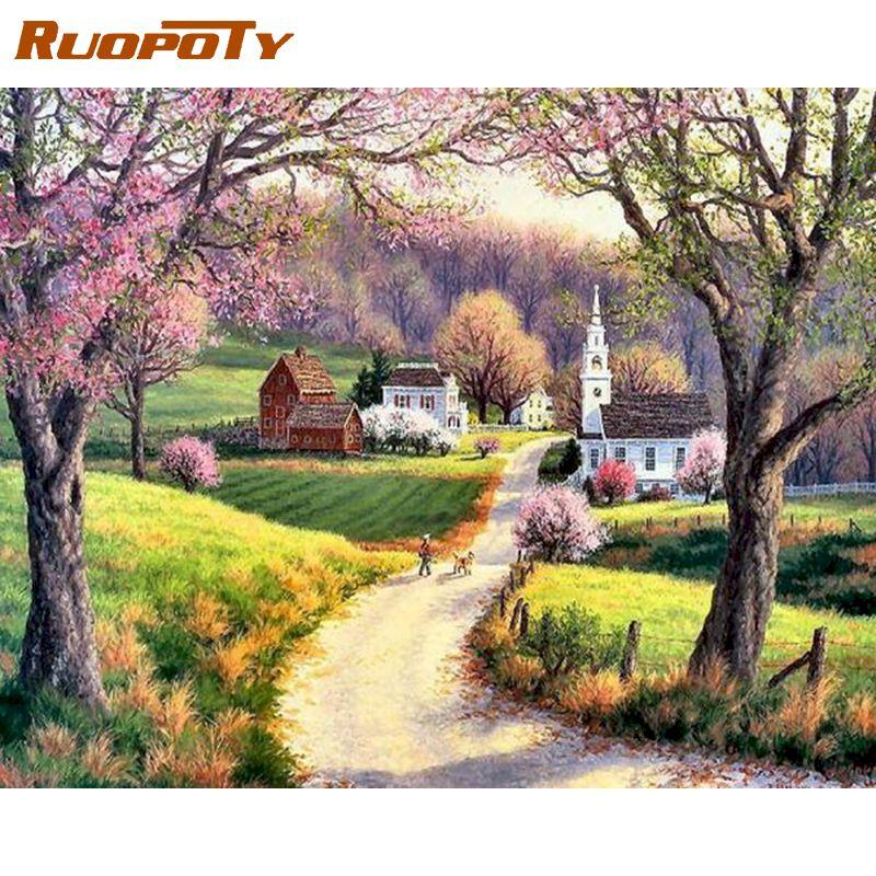 

Ruopoty деревья пейзаж DIY картина по номерам акриловая краска по номерам пейзаж настенная живопись на холсте для домашнего декора 40x50CM NO Frame