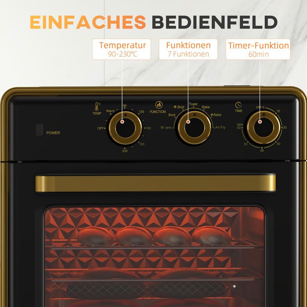 Mini Oven, 20 Liters, Oil-Free Frying, Grilling, Baking, Convection, 90-230 degrees C, Timer, 1400W, Black+Gold