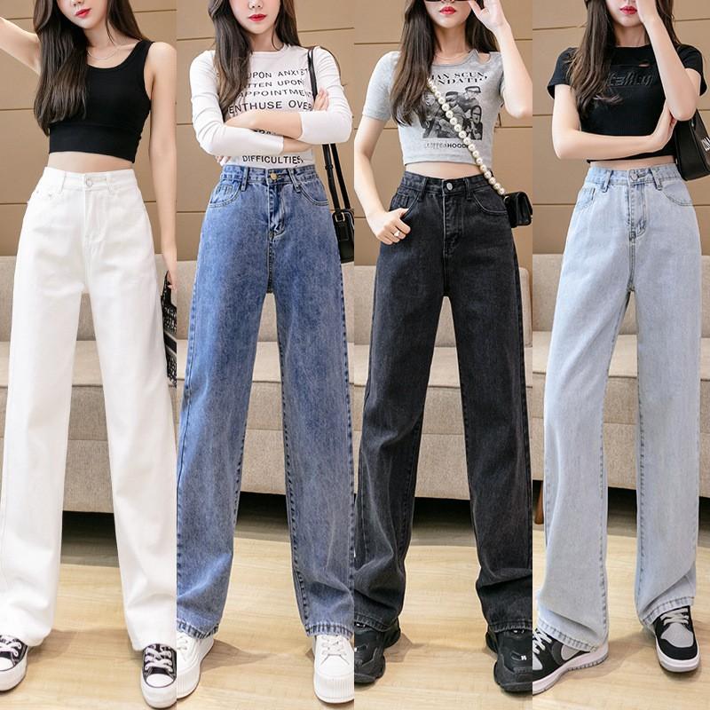 Pantaloni in denim a gamba larga a vita alta da donna alla moda primaverili e autunnali
