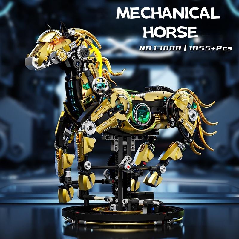 Non-Toxic Stem Creative Golden Machinery Horse Building Blocks Animal Movable Models With Light Stands Kid Assembly Toys Birthday Gift