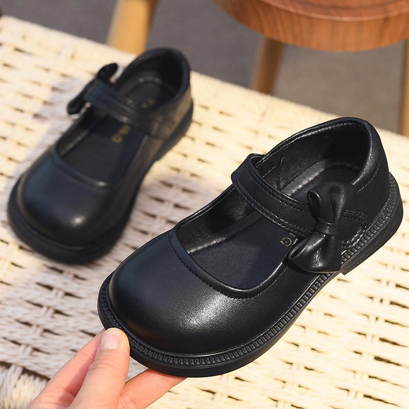 Spring 2026 Girls' Leather Princess Shoes - Fashionable, Soft Sole, Little Black Dress Shoes for Children