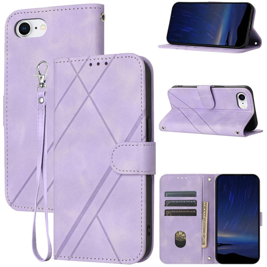 For iPhone 16e Case Imprinted Line Leather Phone Cover with Handy Strap