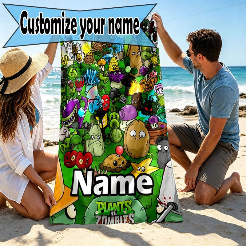 Custom Name Personalized Plants vs. Zombies Print Beach Towel, for Trip Camping Beach Party Home Decor, Birthday Gift for Family & Friends