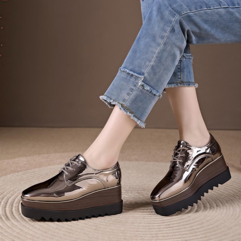 2026 Autumn Women Square Toe Patent Leather Wedge Platform Pumps, British Style Height‑Increase Versatile Thick‑Sole Casual Leather Shoes HZB‑761‑8