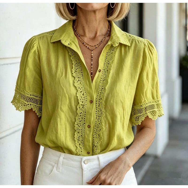 Sommer Spitzenhemd Damen Locker Übergröße Kurzarm Lässig Süß Locker Bluse Elegant Mode Revers Büro Oberteile Hohl Damen Einfarbig Kleidung