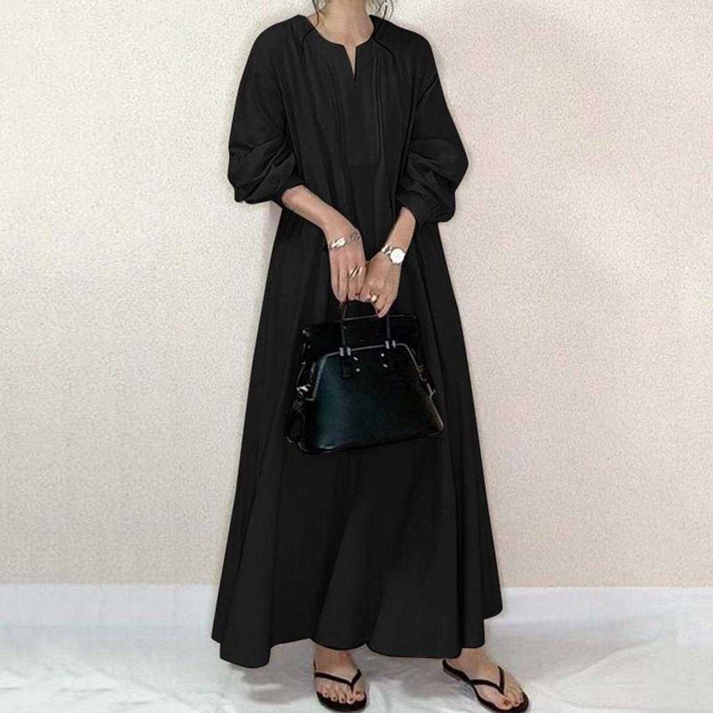 Women's Fashion Cotton Linen Lazy Style Loose Round Neck Long Knee Length Ethnic Shirt Dresses