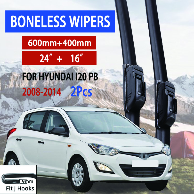 

For Hyundai i20 PB 2008-2014 Car Windshield Wiper U-type Soft Rubber Frameless Bracketless Car Wipers 24 +16