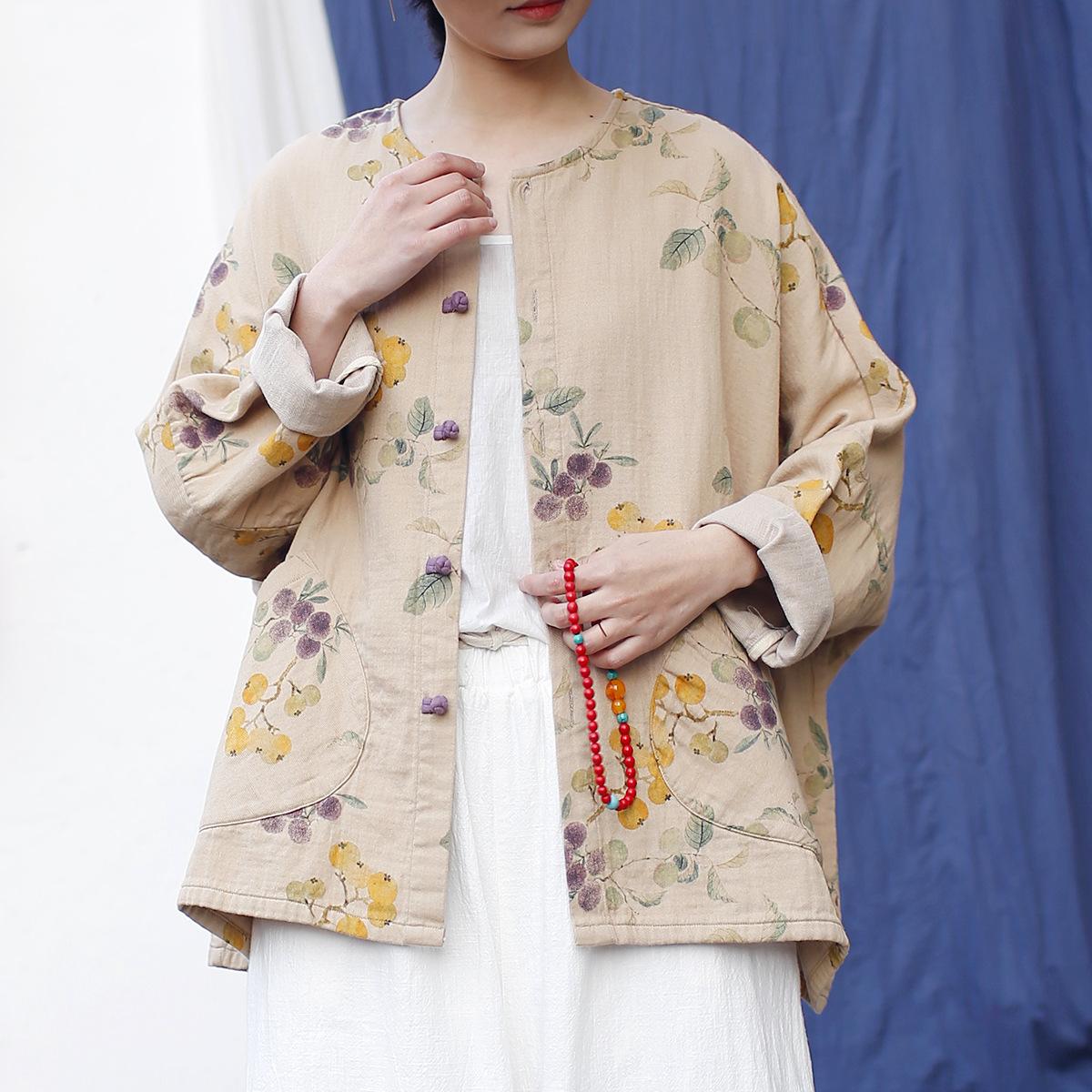 

Johnature Women Vintage Print Floral Jackets Bat Sleeve Coats Spring Button Pockets Chinese Style O-Neck Jackets One Size жёлтый