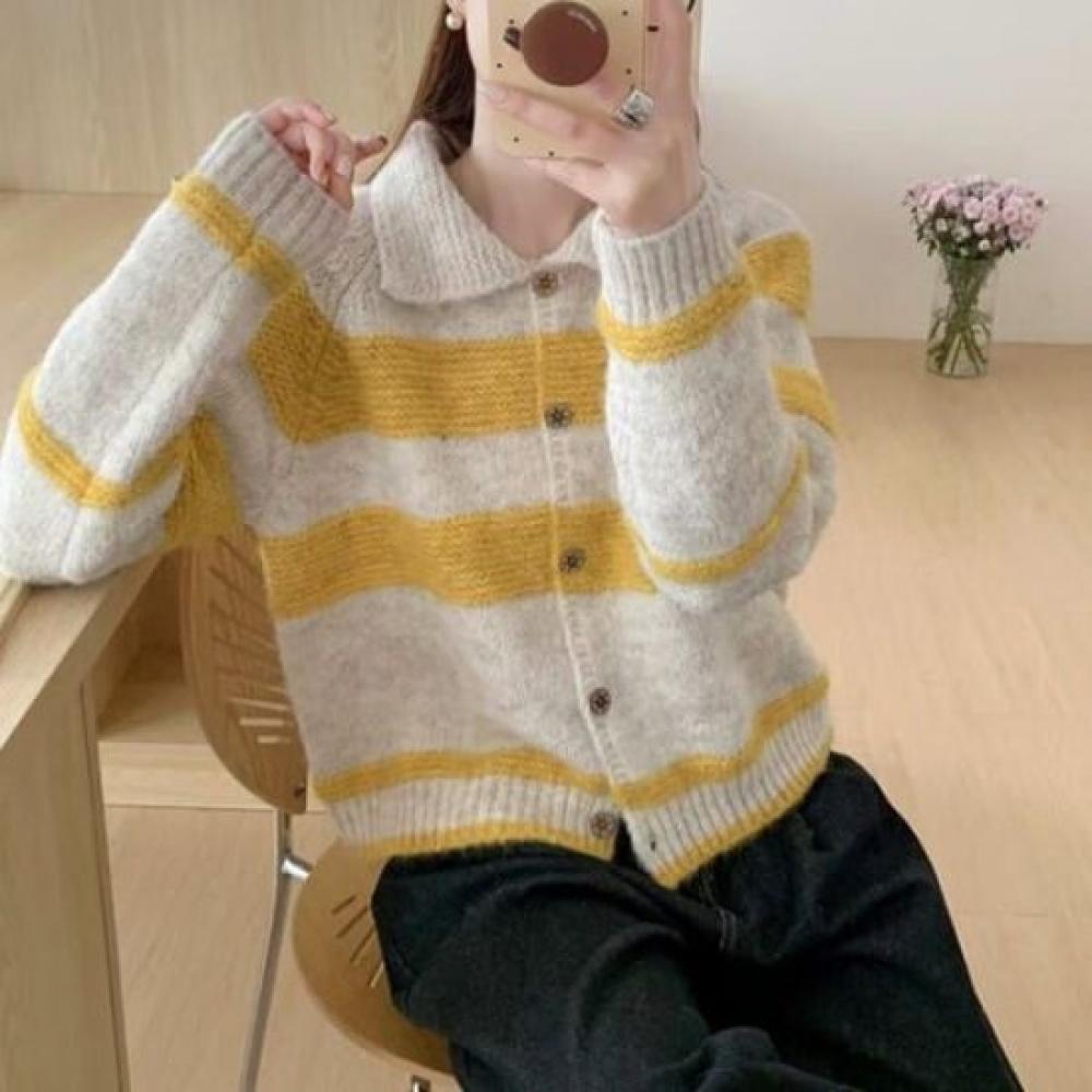 Navava Line Point Long Sleeve Collar Knit Cardigan Nk2747