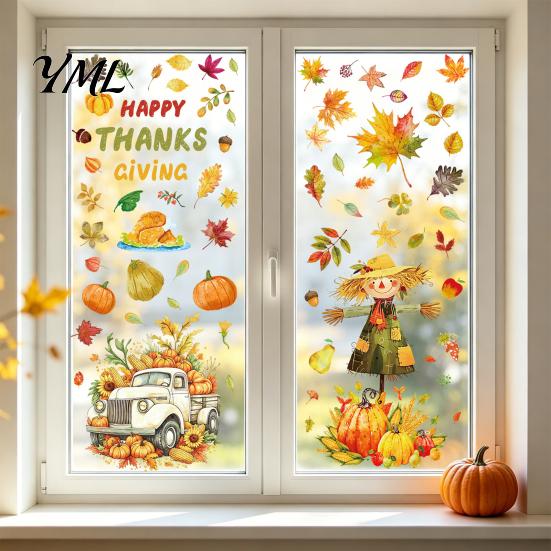 Thanksgiving Window Decals 4 Sheets Autumn Harvest Static Stickers, Maple Leaves Pumpkins Scarecrow Pickup Truck Clings Decals, Removable for