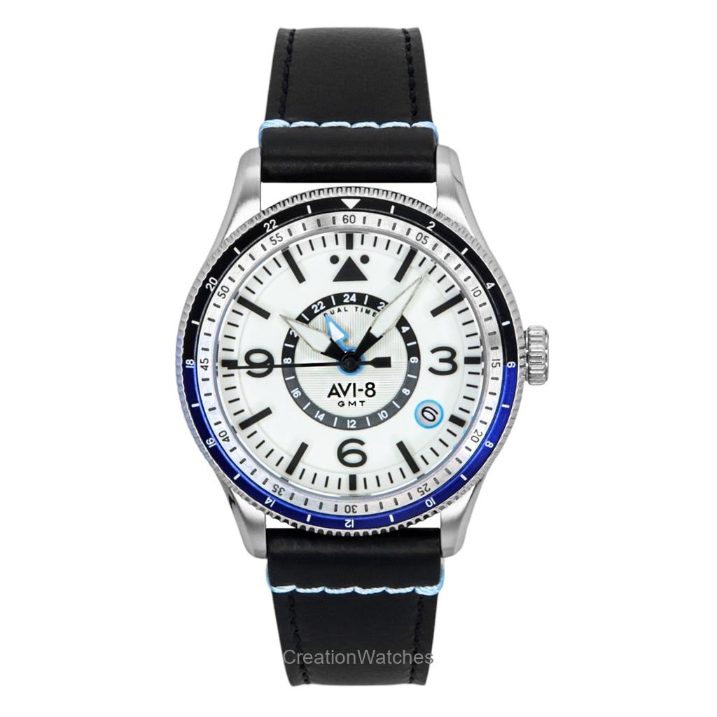 AVI-8 Flyboy Airmaster GMT Kožený řemínek Bílý ciferník Automatické AV-4128-02 Pánské hodinky