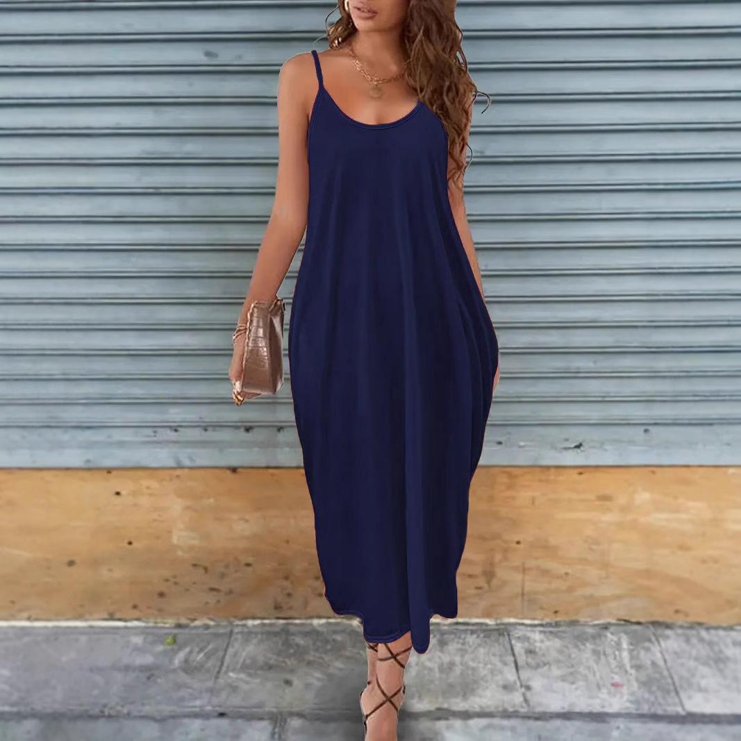 

Женское платье однотонное большого размера повседневное платье на бретелях XXL темно-синий