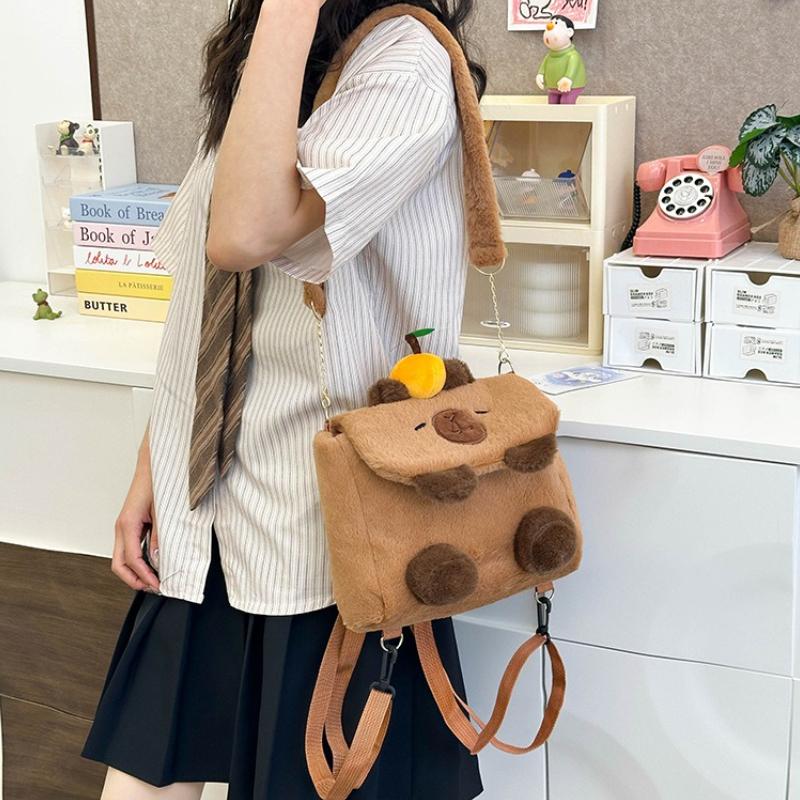 Cute Orange Capybara Plush Backpack Kawaii Large Capacity Capibara Crossbody Bag Lovely Fluffy Student Women Bag Birthday Gift