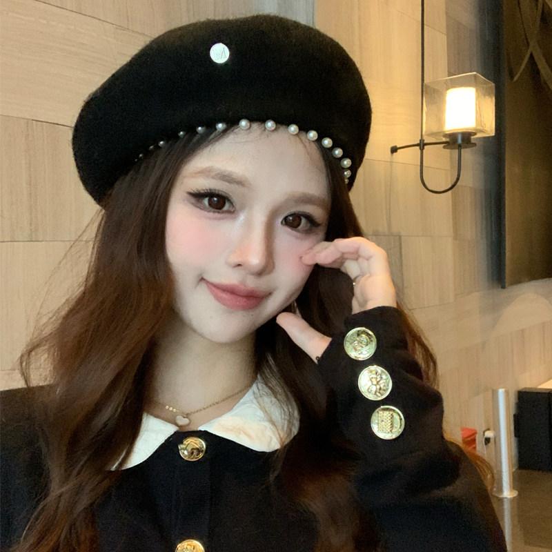 Temperament Pearl Water Diamond Beret Women's Autumn/Winter British Retro Korean Japanese Painter's Hat