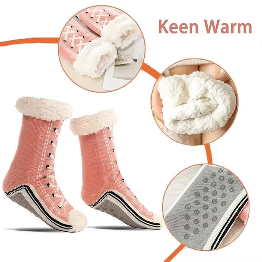 1Pair Striped Floor Sleeping Socks Plush Snow Socks Casual Slipper Sock  for Woman Girls