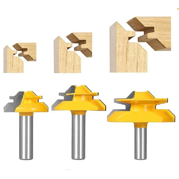 45 Degree Lock Miter Router Bit 3-Piece Set, for 31/64", 37/64",3/4" Cutting Height, 1/4 Inch Shank.Woodworking Tools Joint Router Bits (3PCS 1/4