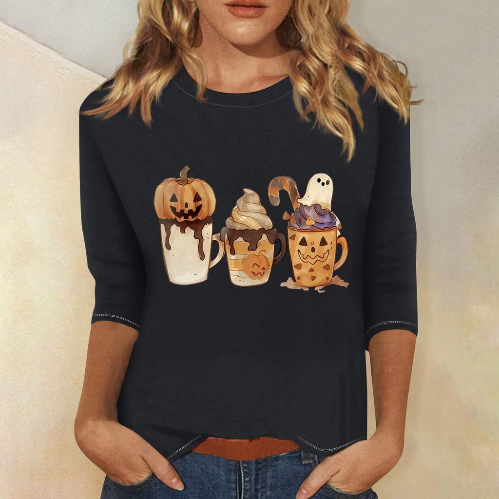 Women's Fashion Casual Three-quarter Sleeve Halloween Printed Round Neck Top