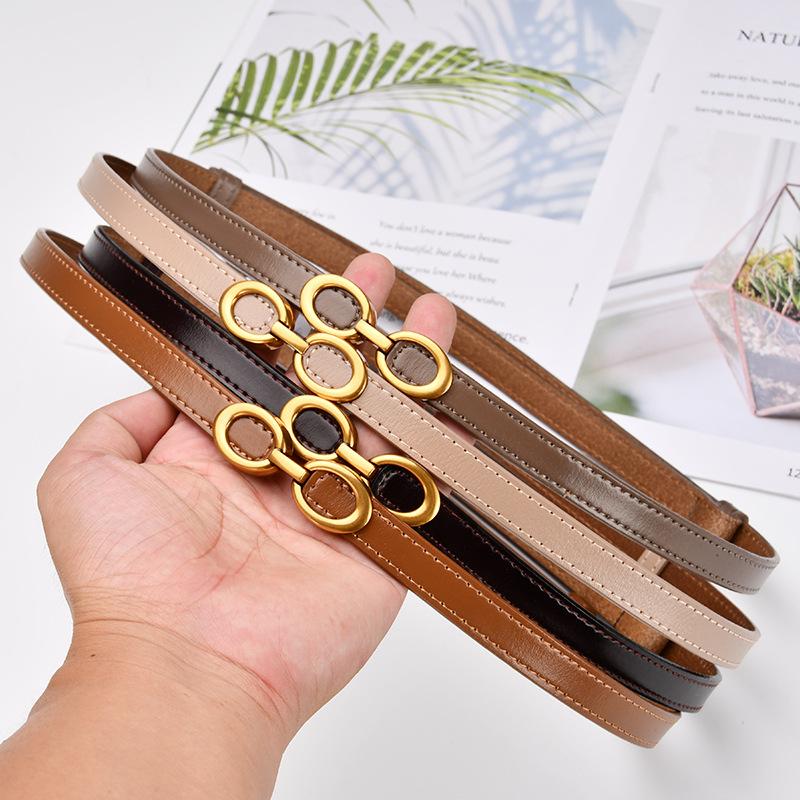 Genuine Leather Thin Belt Fashionable Simple Decorative Dress Cowhide Thin Belt with Suit Waist-hugging Black Belt for Women