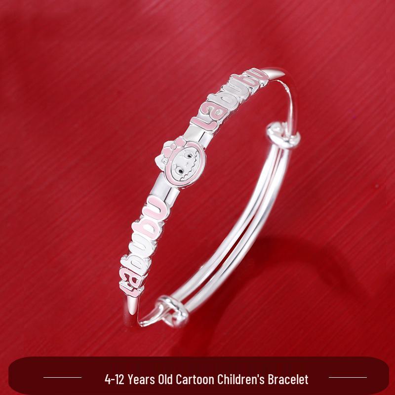Sterling Silver Cartoon Bracelet for Girls 4-12 Years - Pink Push-Pull Design, Perfect Birthday Gift