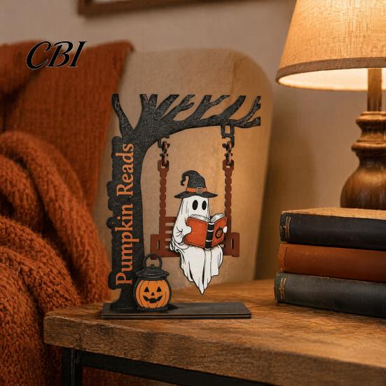 Kantoorbureau Decoratie Items Halloween Desktop Schommel Decor, Spookachtige Huis Lezen Geest op Een Beeldje Uniek Houtbewerking Cadeaus voor Woonkamer Keuken