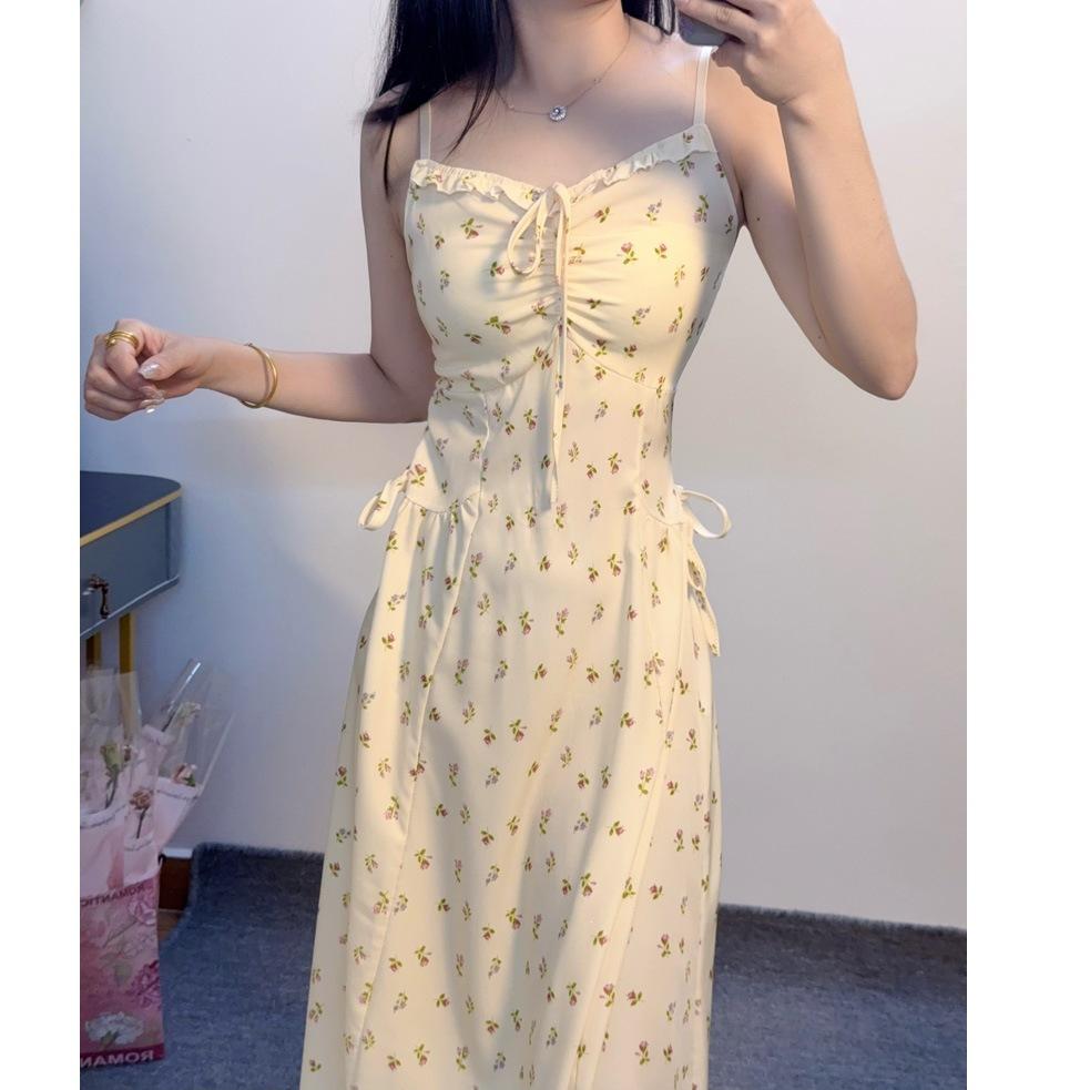 Women's Summer New Atmosphere Commuting Temperament Long Skirt French Yellow Floral Skirt Small Suspender Dress