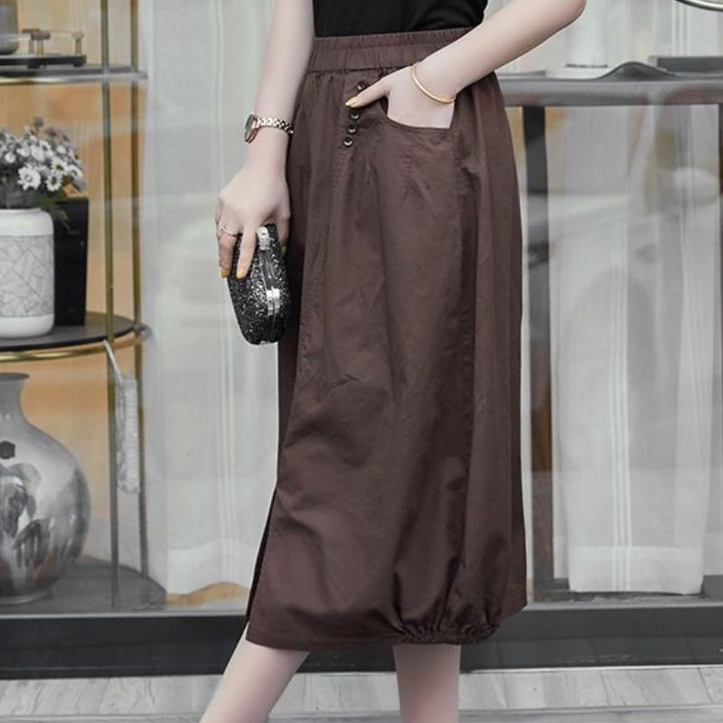 Women's High-Waist Slimming Bubble Hem Midi Skirt - Artsy Casual Vintage Style with Lantern Silhouette
