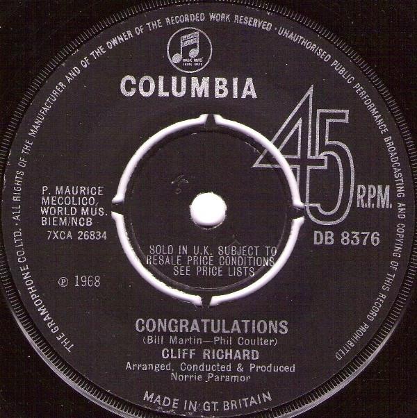 

7-дюймовая пластинка CLIFF RICHARD Congratulations 7XCA26834 1968 UK Rock Б/у