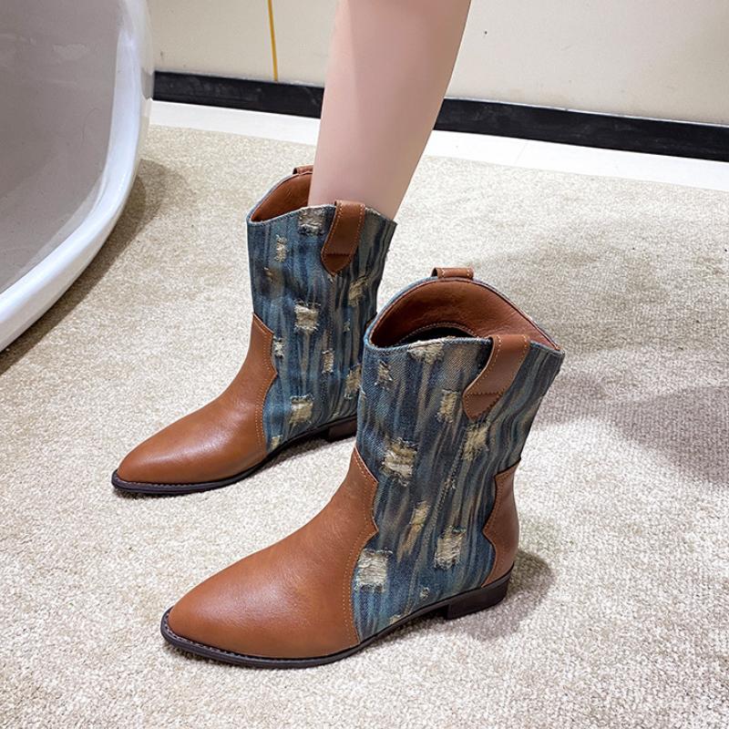 Retro Western Cowboy Stiefel für Damen 2024 Neue Herbst/Winter Splicing Kurze Stiefel Internetberühmte Street Trendy Damenschuhe