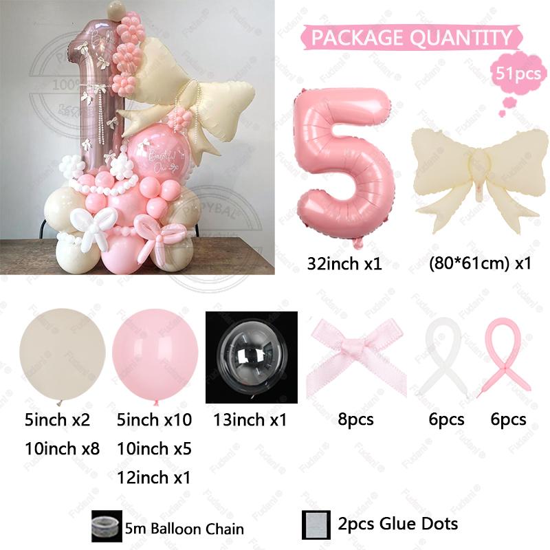 51pcs Cream Bow Balloon Pink Number Birthday Balloon Set Festive Supplies Party Decoration Children's Birthday Surprise Gift