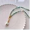 Baroque Freshwater Pearl & Zircon Clavicle Necklace with Green Shell & Turquoise Design