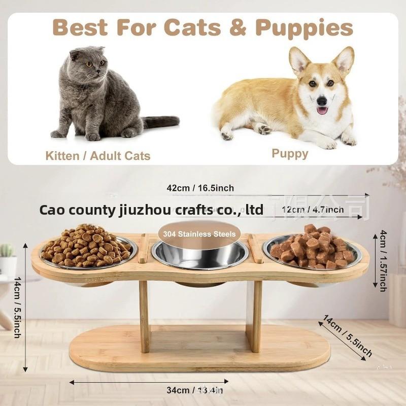 Comedero elevado para gatos y perros, soporte de madera ajustable con 3 tazones inclinados