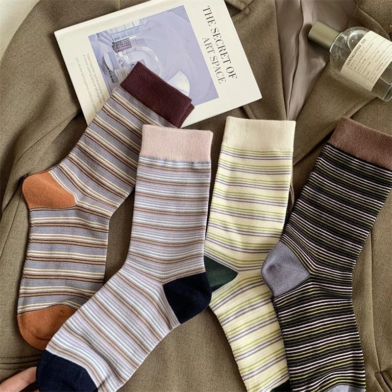 Korean Contrasting Striped Socks Medium Tube Socks Tide Internet Celebrity Stacking Socks Literary Retro Pure Cotton Stockings