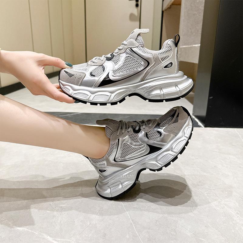 2025 new autumn leather dad shoes women's Korean version of fried street platform silver retro casual student sneakers women