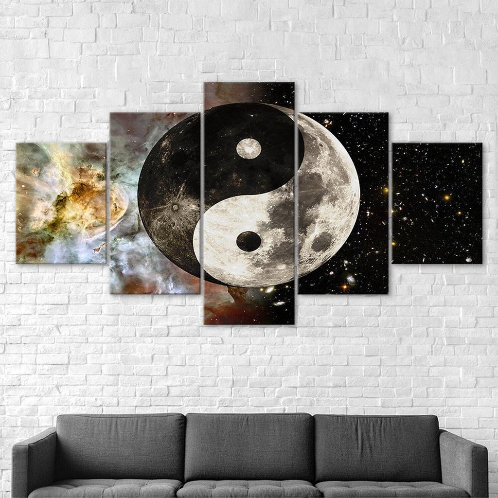 Yin Yang Cosmos Full Moon Abstract Canvas 5 Piece Five Panel Wall Print Modern Art Poster Picture Home Decor Gift For Him For Her